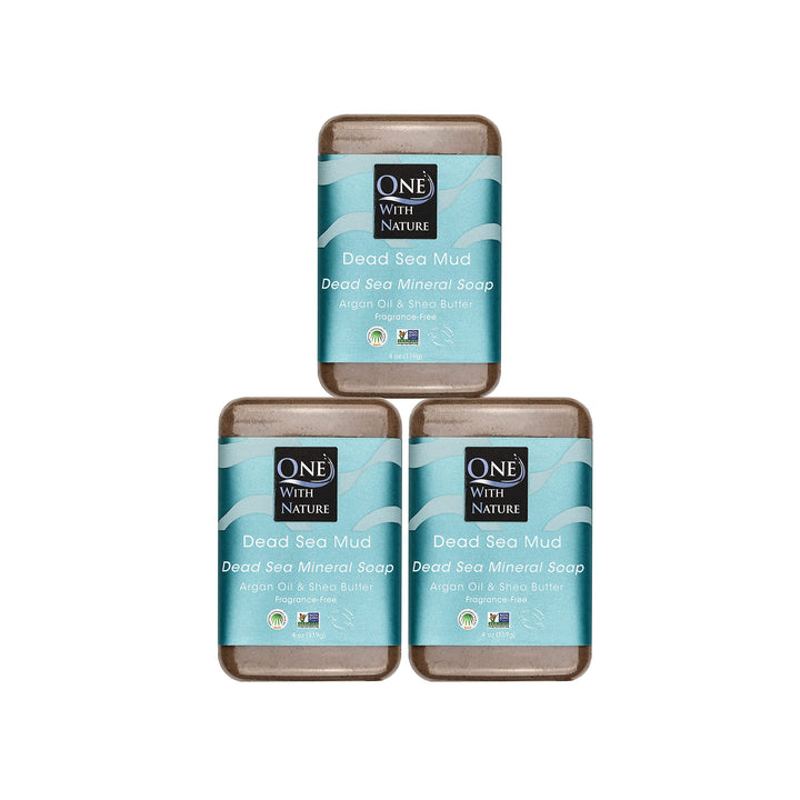 One With Nature front packaging showing three unscented mud soap bars and benefits