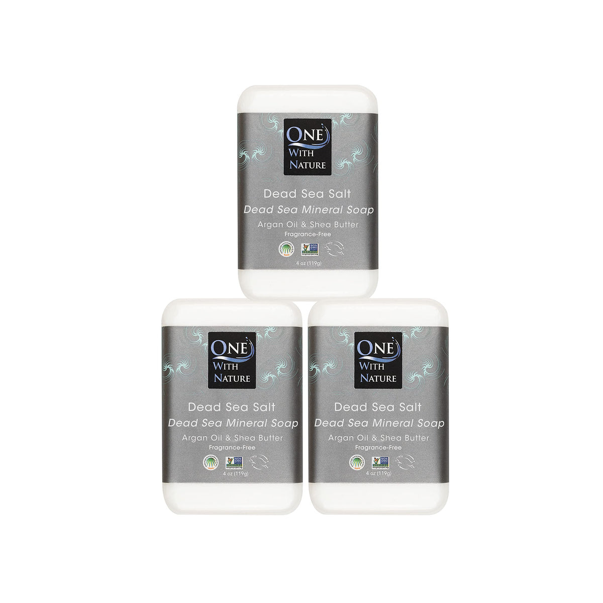 One With Nature front packaging showing three unscented mineral soap bars benefits gentle cleansing