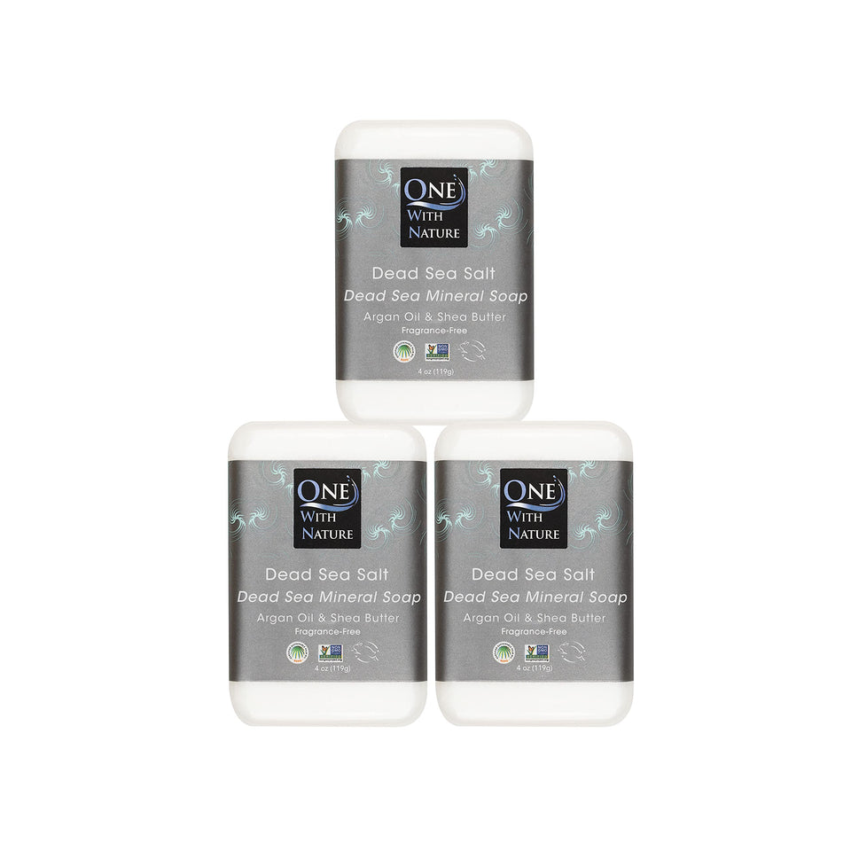 One With Nature front packaging showing three unscented mineral soap bars benefits gentle cleansing