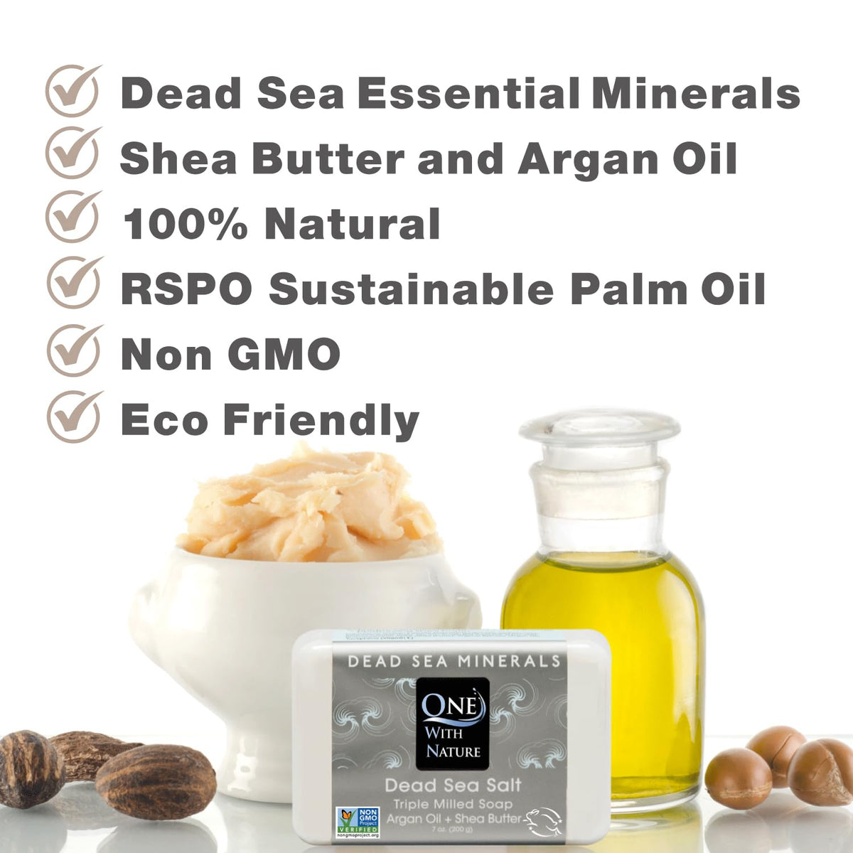 One With Nature soap bar in hand displaying 4 oz size and easy grip for everyday use