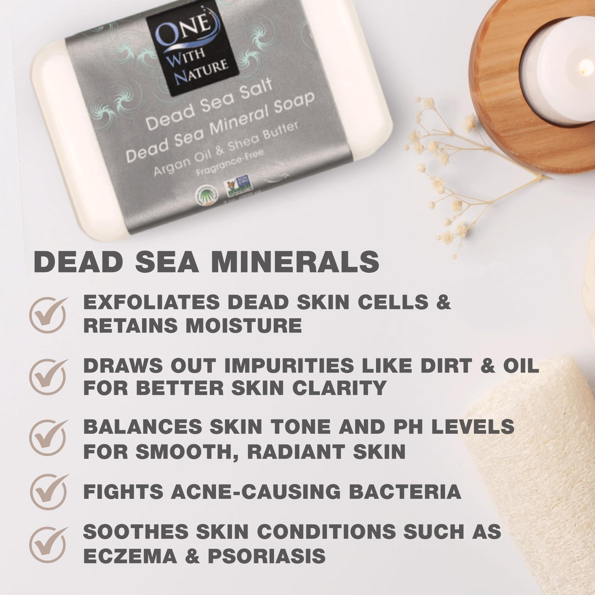 One With Nature ingredients label highlighting Dead Sea minerals, shea butter and argan oil benefits