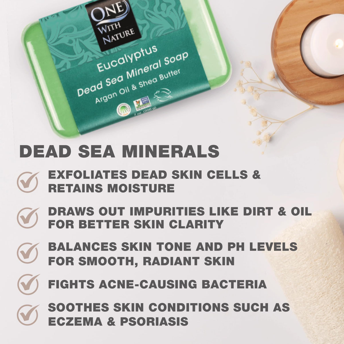 One With Nature close-up of eucalyptus soap texture and salt exfoliant