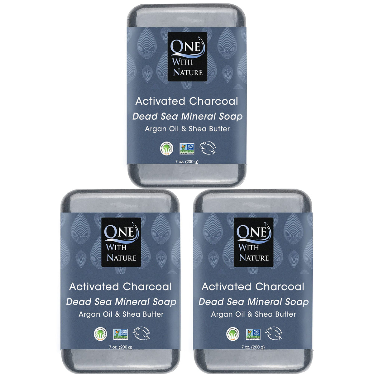 One With Nature front packaging showing three charcoal soap bars and sustainability benefits