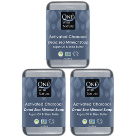 One With Nature front packaging showing three charcoal soap bars and sustainability benefits
