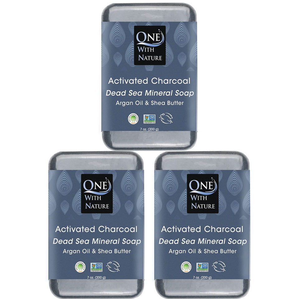 One With Nature front packaging showing three charcoal soap bars and sustainability benefits