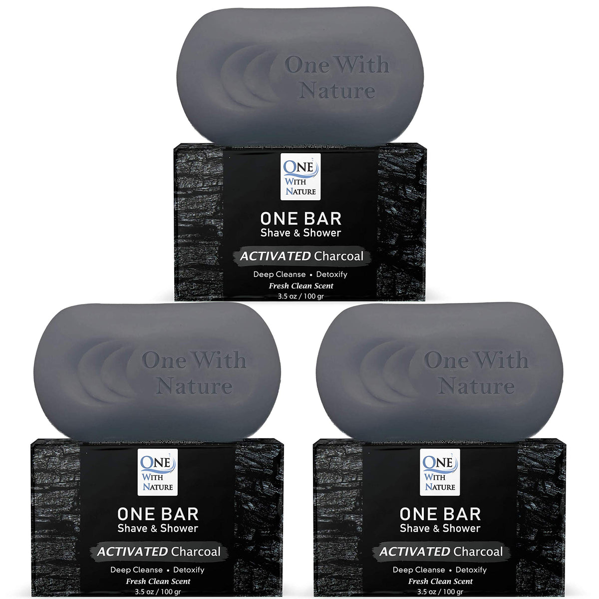 One With Nature front packaging three-pack showing charcoal bar benefits