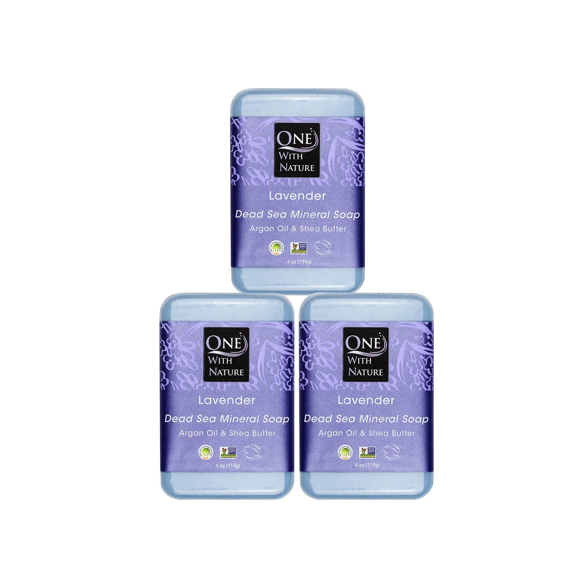 One With Nature front packaging showing three lavender soap bars and product name benefit