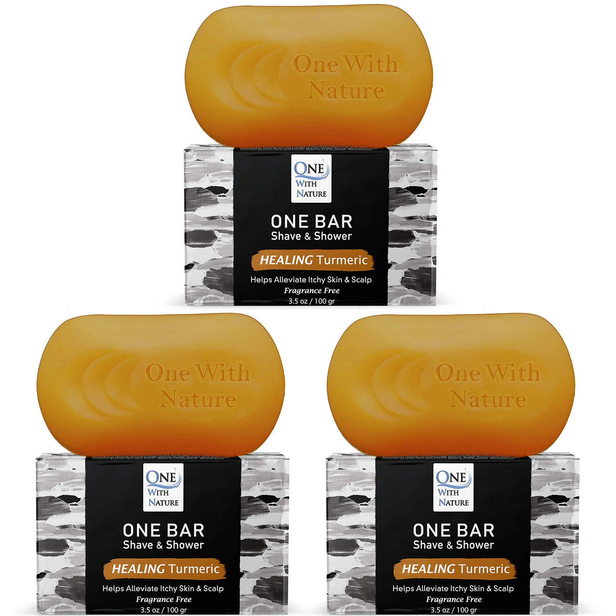 One With Nature front packaging showing three fragrance-free bars for convenience
