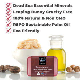 One With Nature soap beside sandalwood sticks highlighting natural fragrance