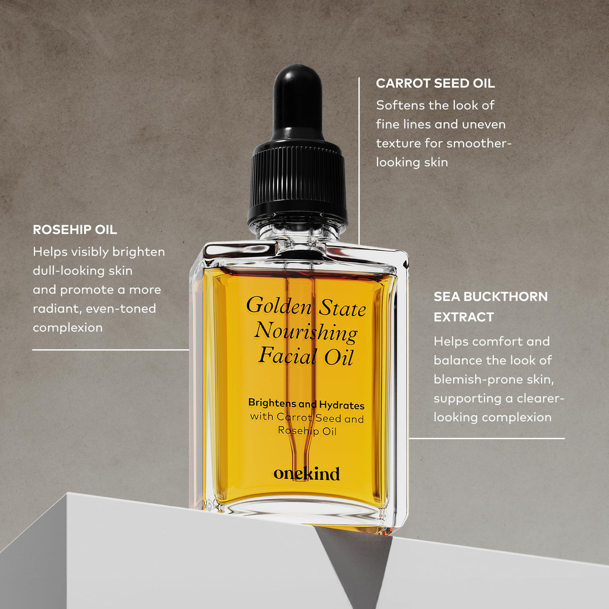 Onekind ingredients flatlay with rosehip and sea buckthorn showing botanical sources