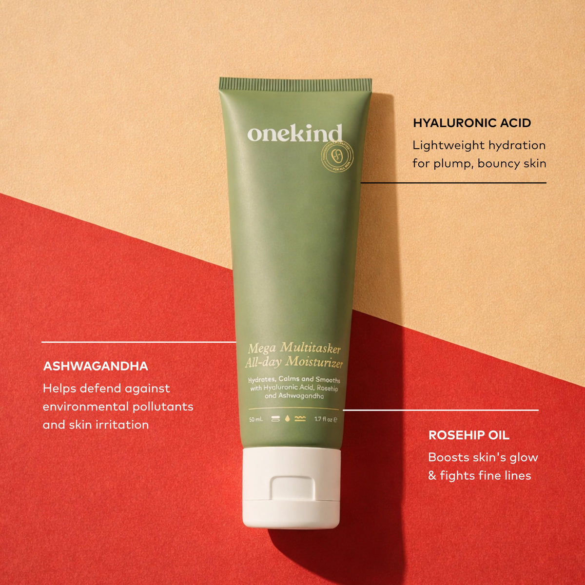 Onekind moisturizer being applied to hand, demonstrates hydration and non-greasy feel