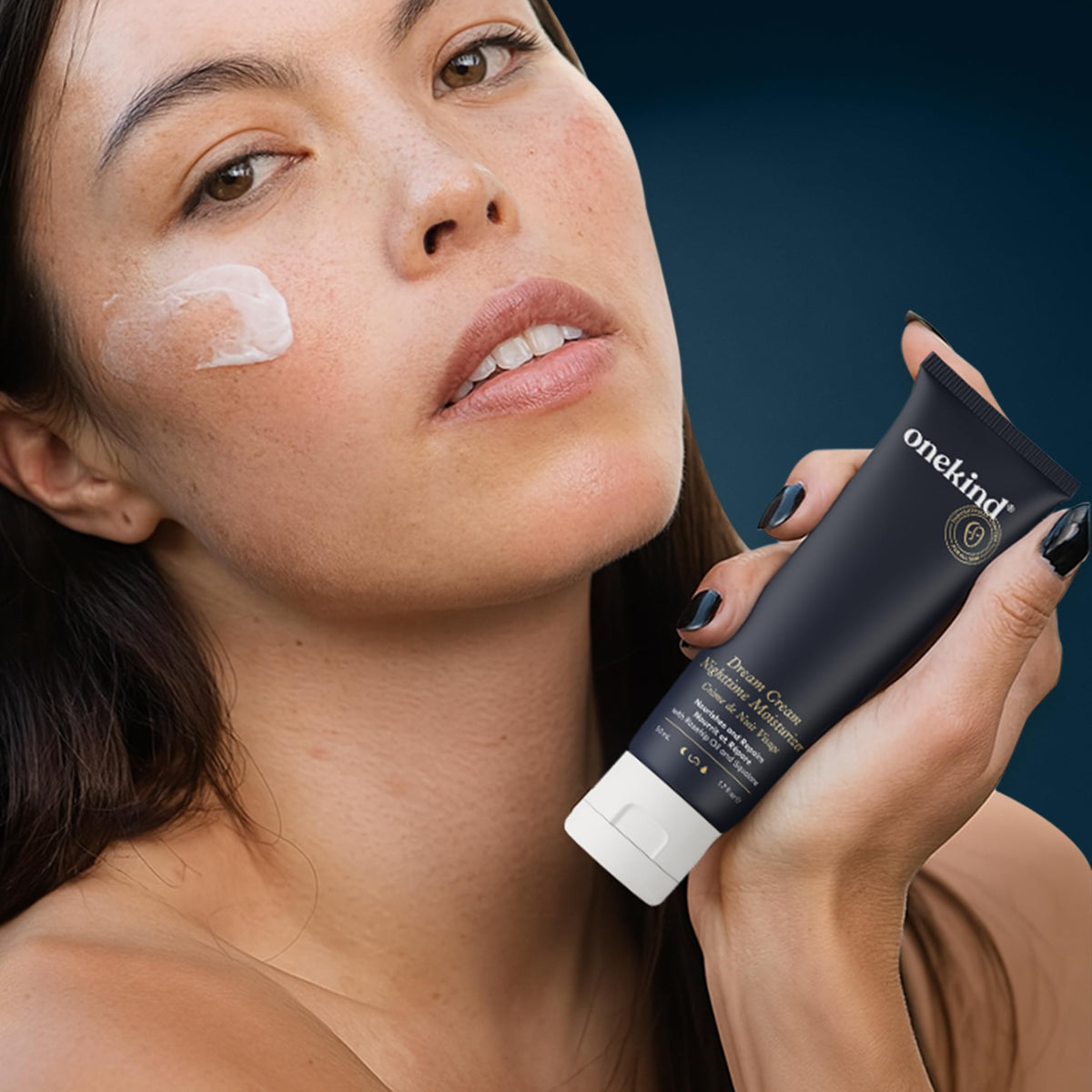 Onekind label close-up highlighting fragrance-free, vegan, clean formula