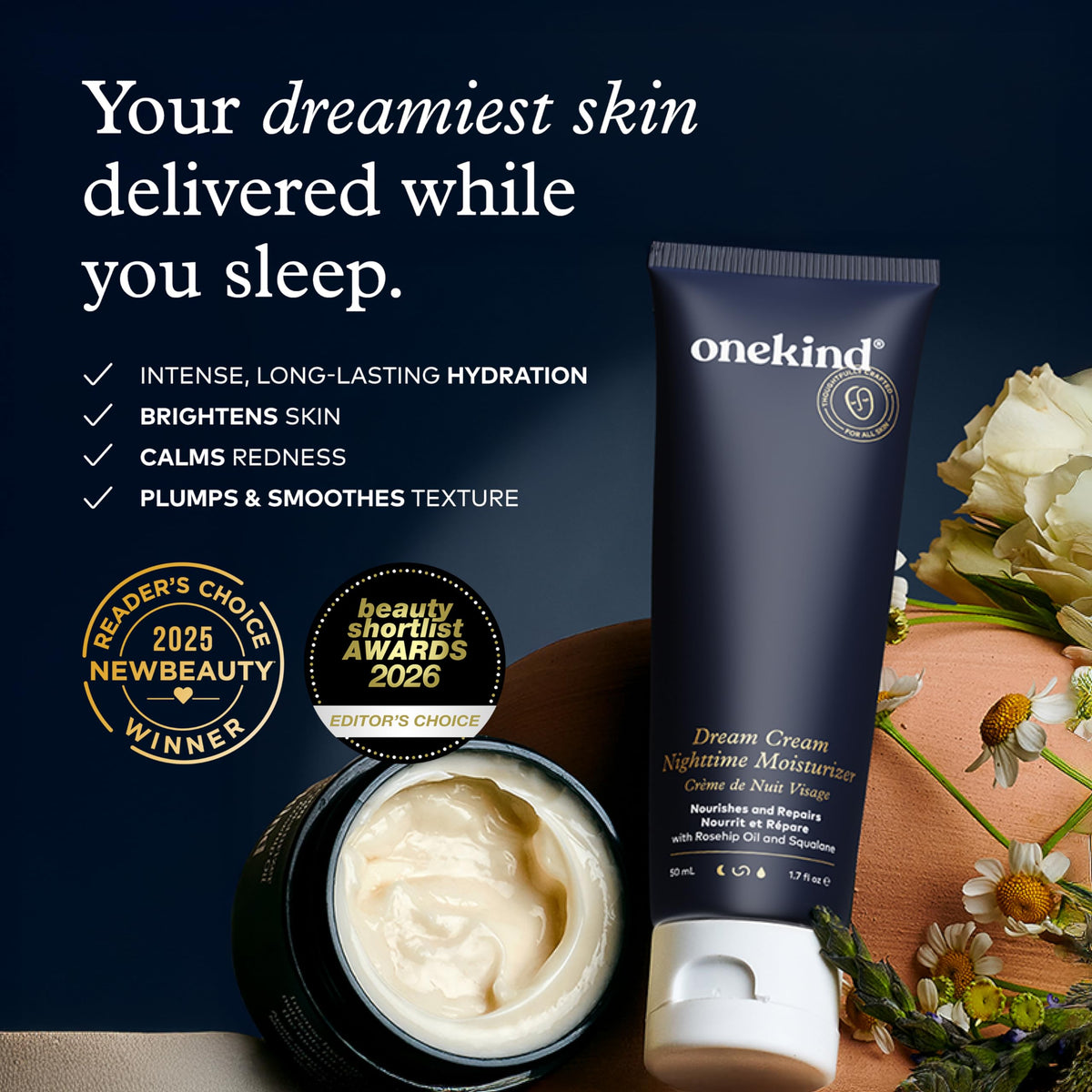 Onekind open jar showing creamy texture that absorbs quickly for hydration