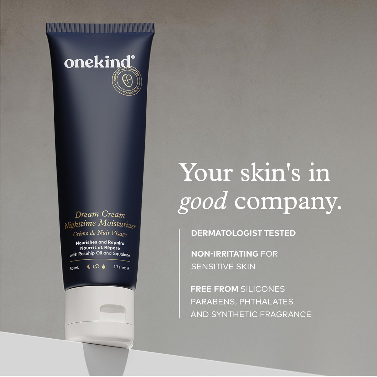 Onekind night cream beside bedside lamp showing easy nighttime routine