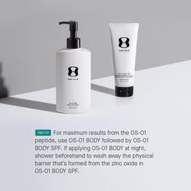 oneskin body label close-up showing OS-01 peptide and zinc oxide ingredients