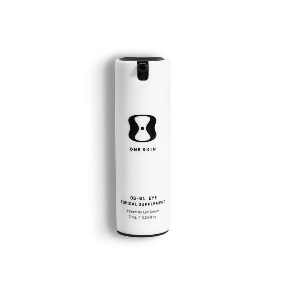 oneskin eye front packaging showing compact 7 mL tube and clean design benefits gentle application