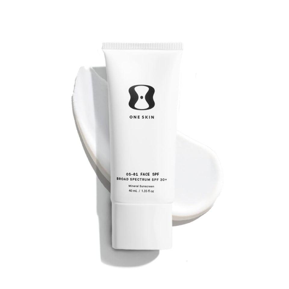 oneskin front packaging showing SPF bottle and clean design benefit of clarity