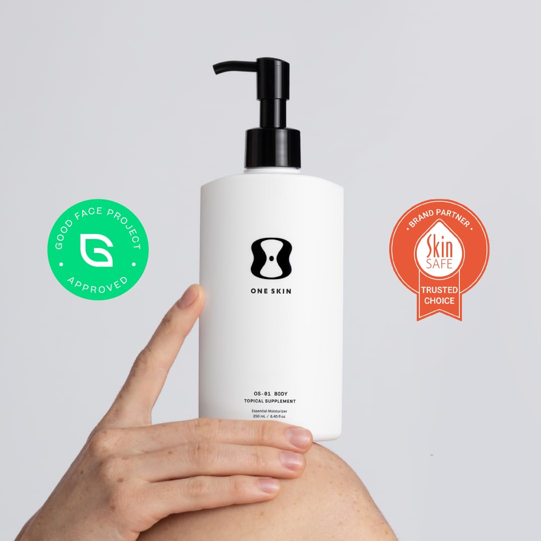oneskin on bathroom shelf in lifestyle setting suggesting routine use