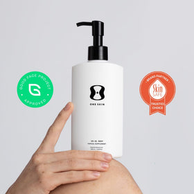 oneskin on bathroom shelf in lifestyle setting suggesting routine use