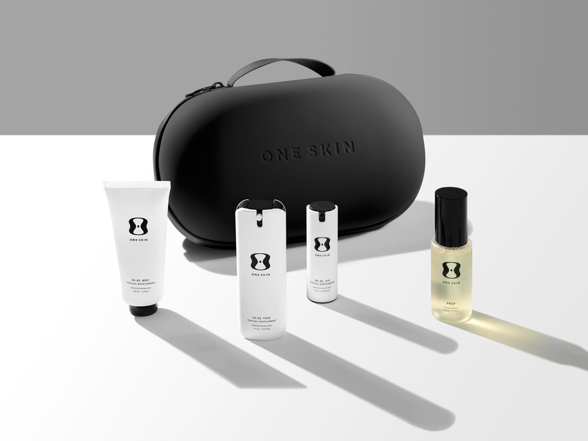 oneskin OS-01 mini kit front packaging showing travel sizes and benefits