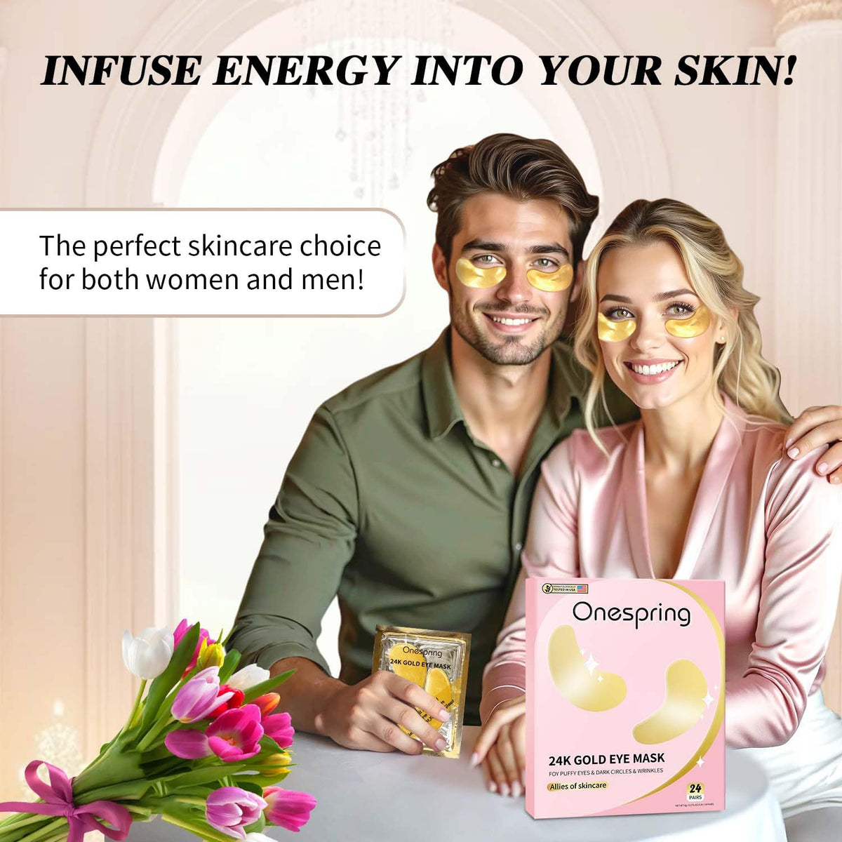 Onespring patch applied under eye illustrating quick 15–20 minute use benefit