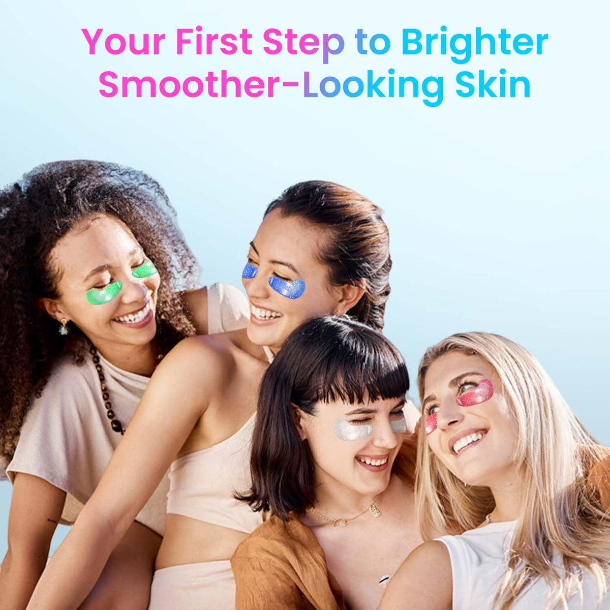 Onespring patches applied under eyes on model demonstrating cooling de-puffing effect