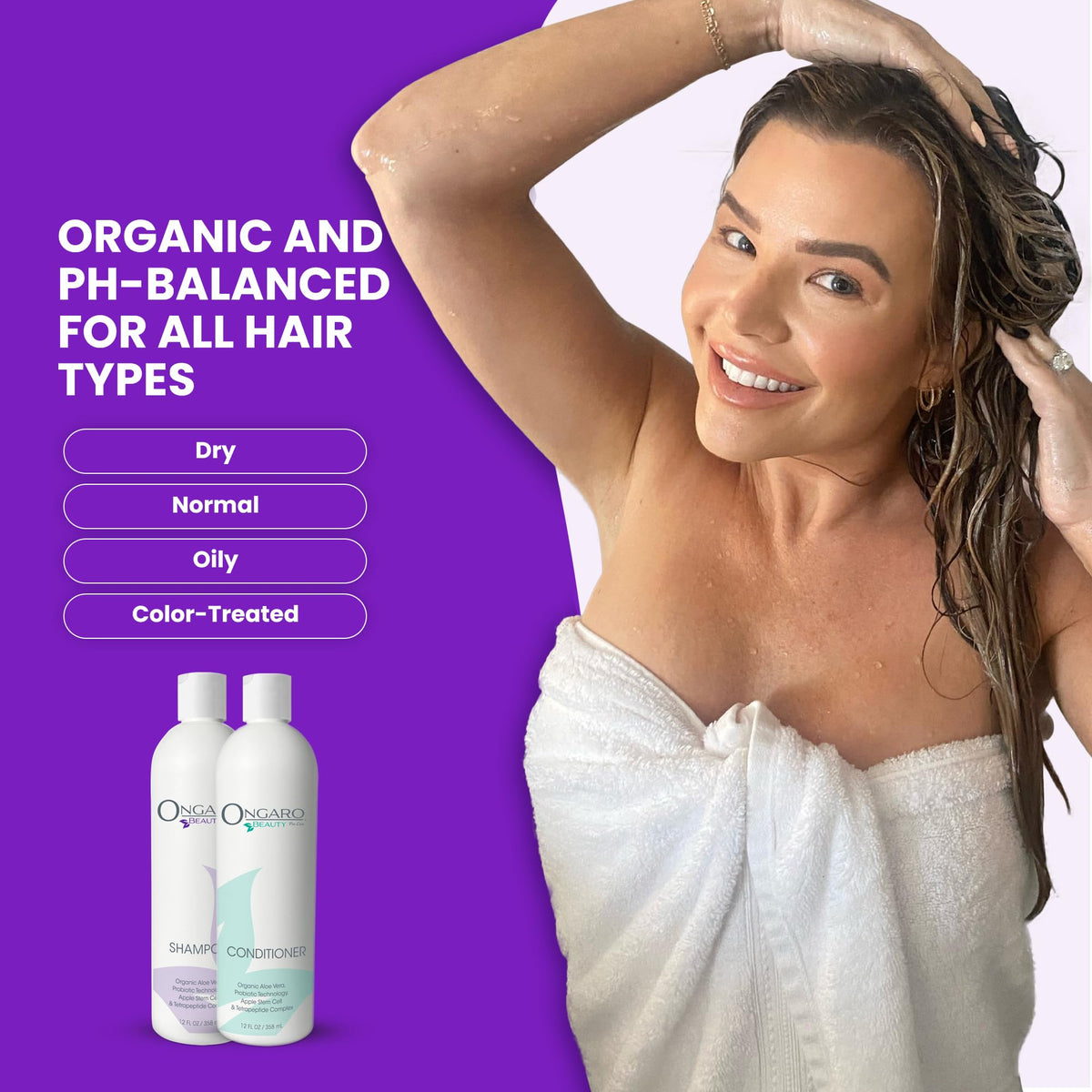 Ongaro Beauty in-shower use demonstrating how set hydrates and soothes scalp