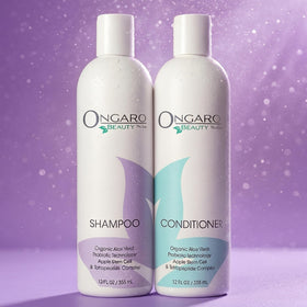 Ongaro Beauty bottles in hand showing 12 oz size for scale and travel convenience