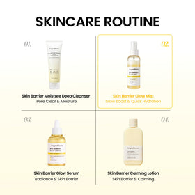 ONGREDIENTS misting onto model's face for refreshing glow and makeup-friendly finish