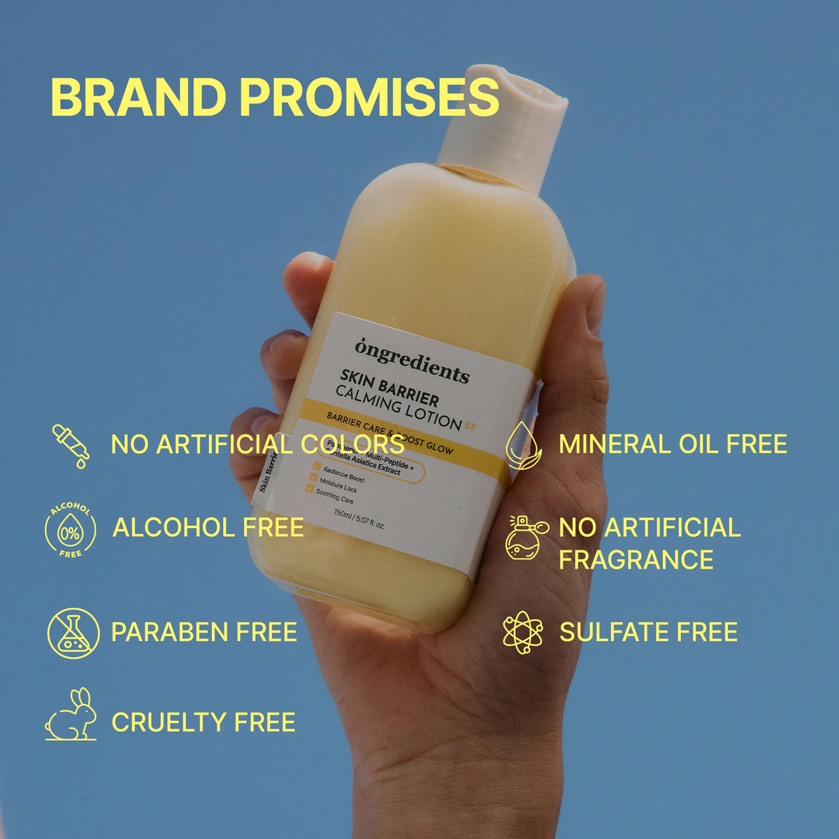 ONGREDIENTS bottle held for size comparison showing 150ml value and portability