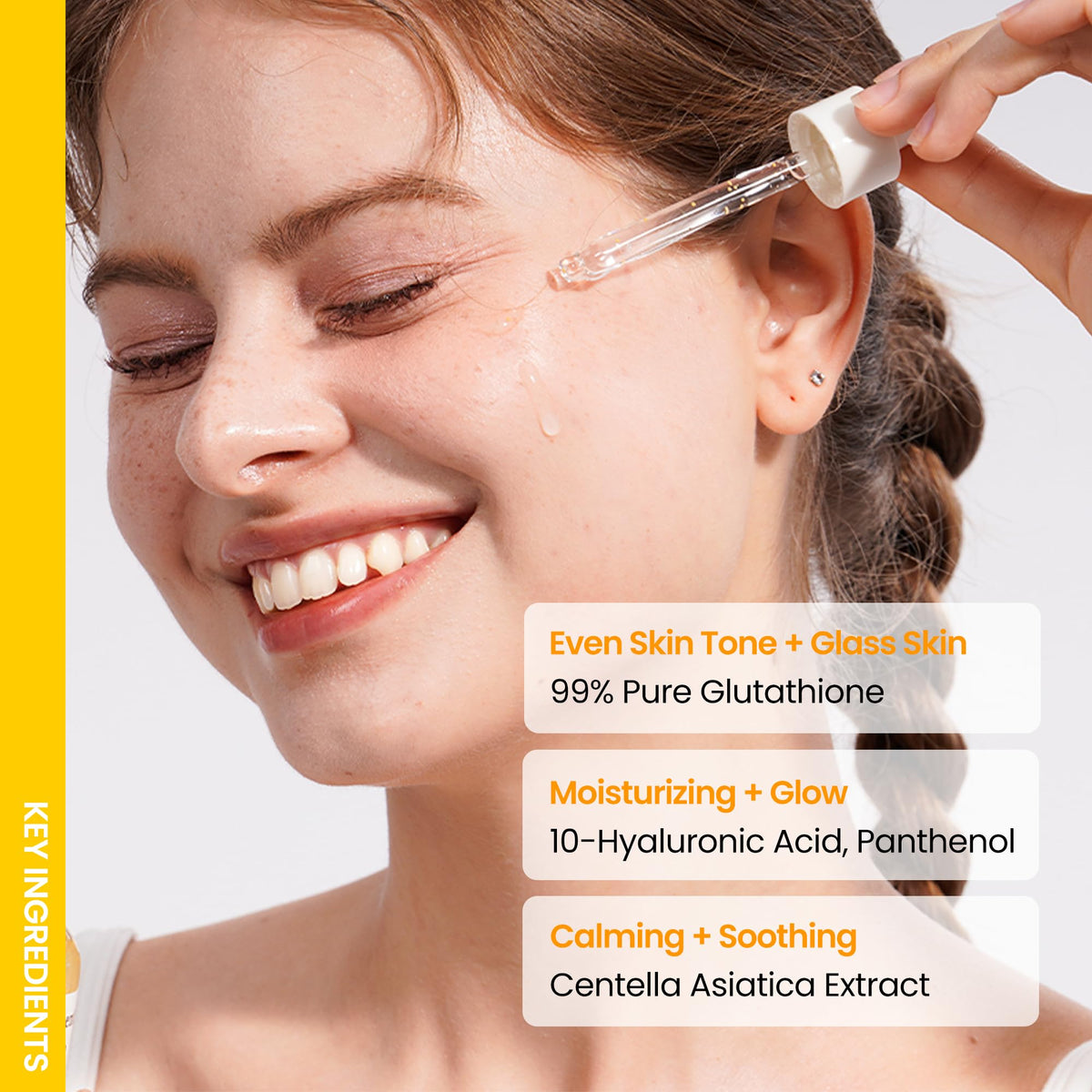 ONGREDIENTS ingredients flatlay with glutathione and hyaluronic acid, emphasizes purity