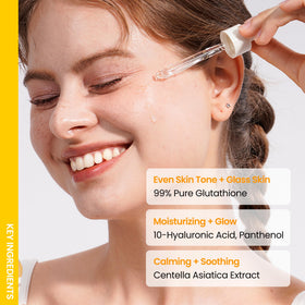 ONGREDIENTS ingredients flatlay with glutathione and hyaluronic acid, emphasizes purity