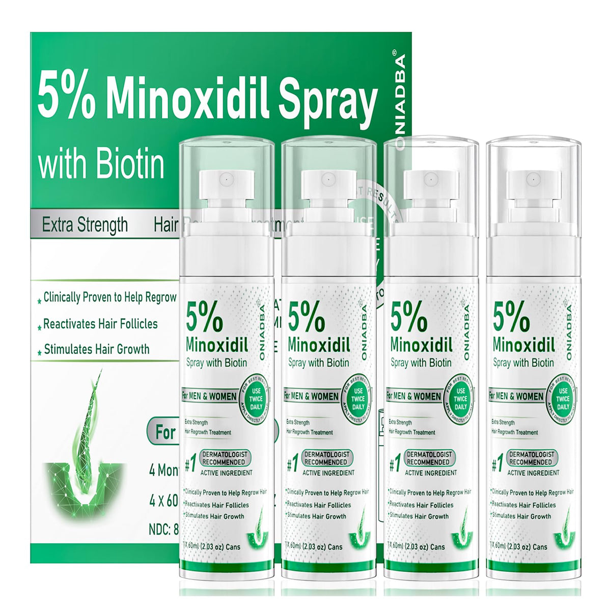 ONIADBA front packaging showing four-bottle supply and clear benefits