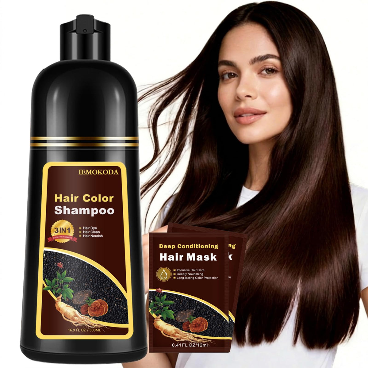 Onilyua front bottle view showing dark brown dye shampoo and easy use