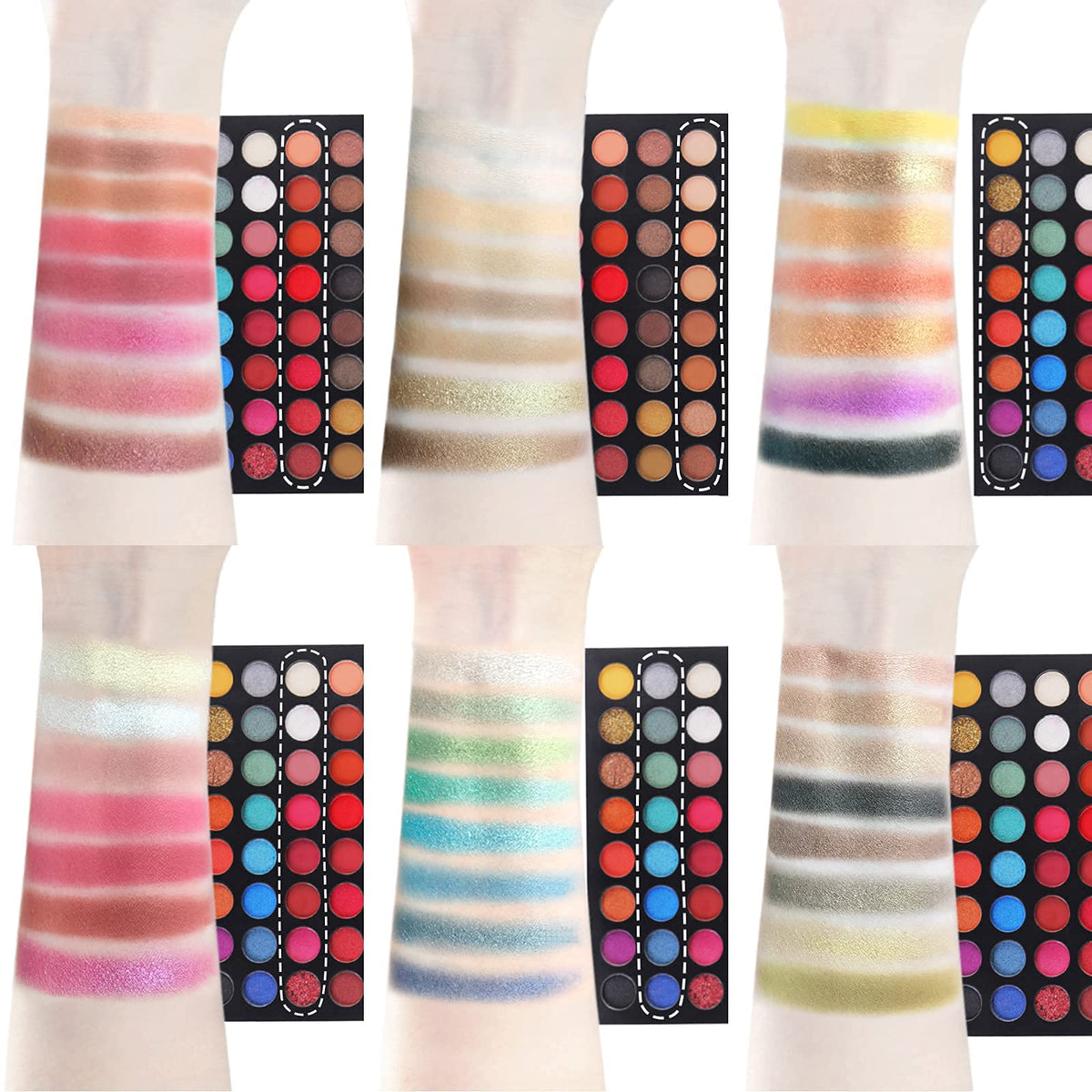 ONLYBETTER swatches in a row on arm, shows vibrant pigmentation benefit