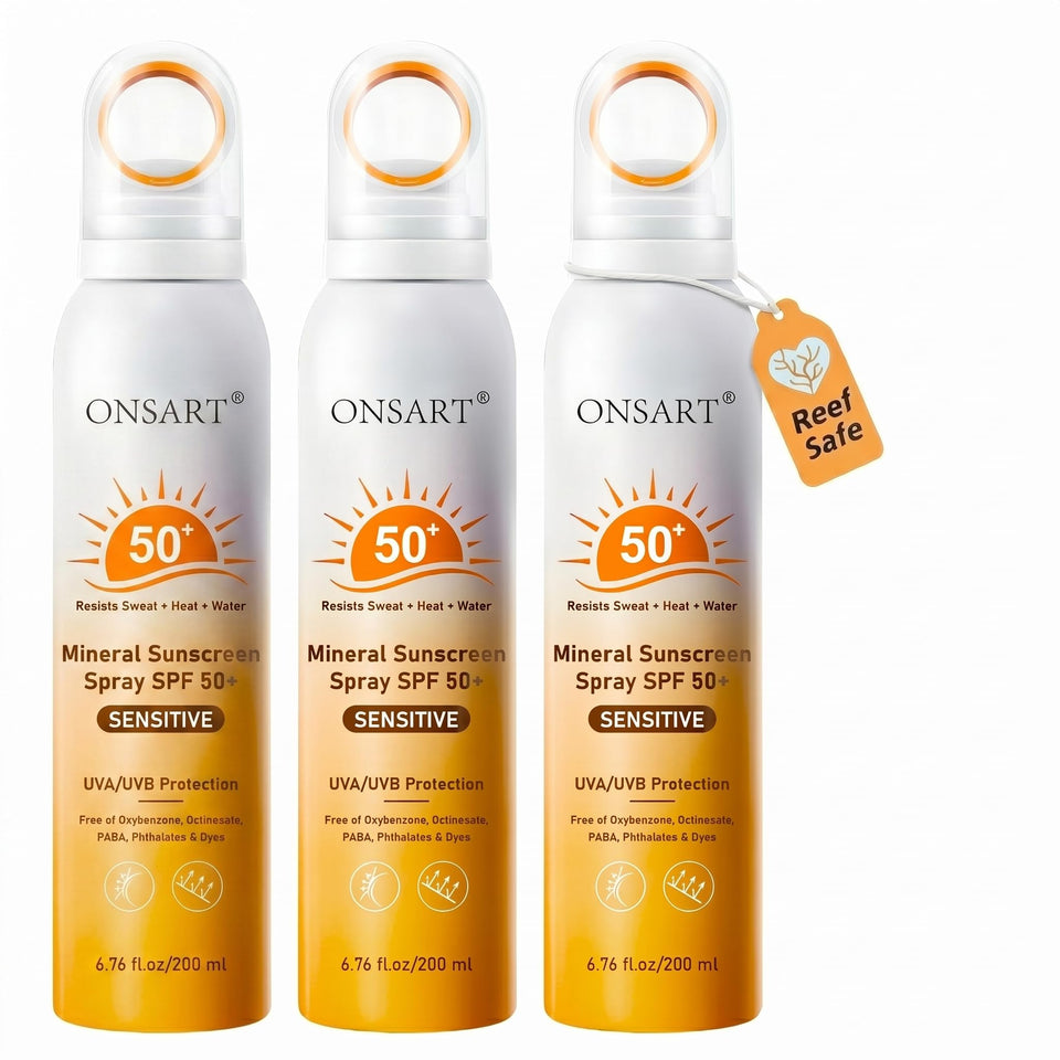ONSART front packaging showing three SPF 50+ spray bottles and benefits