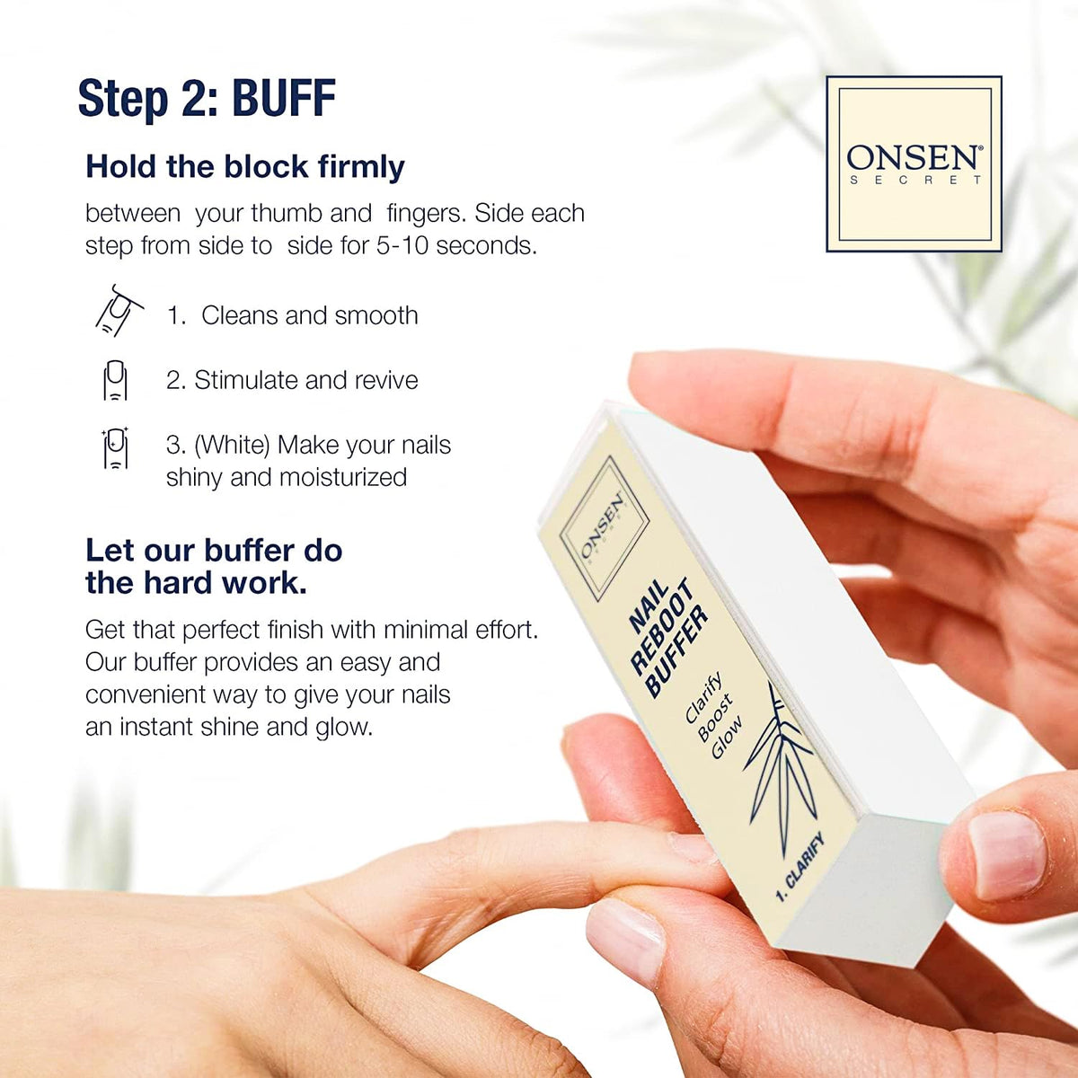 Onsen Secret 120/180 grit nail file in hand shaping nails without over-filing