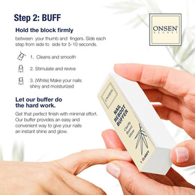 Onsen Secret 120/180 grit nail file in hand shaping nails without over-filing