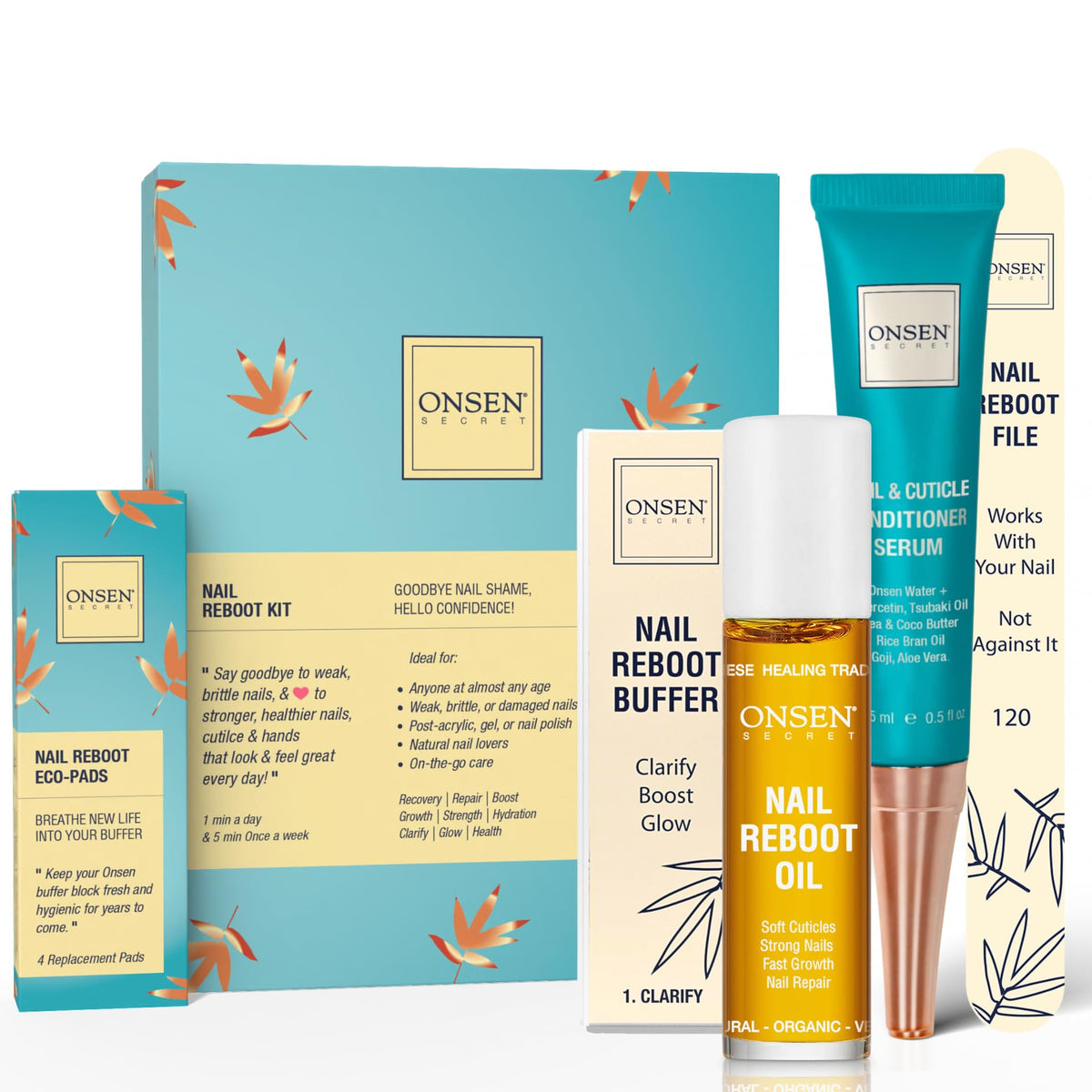 Onsen Secret front packaging showing complete nail reboot kit benefits