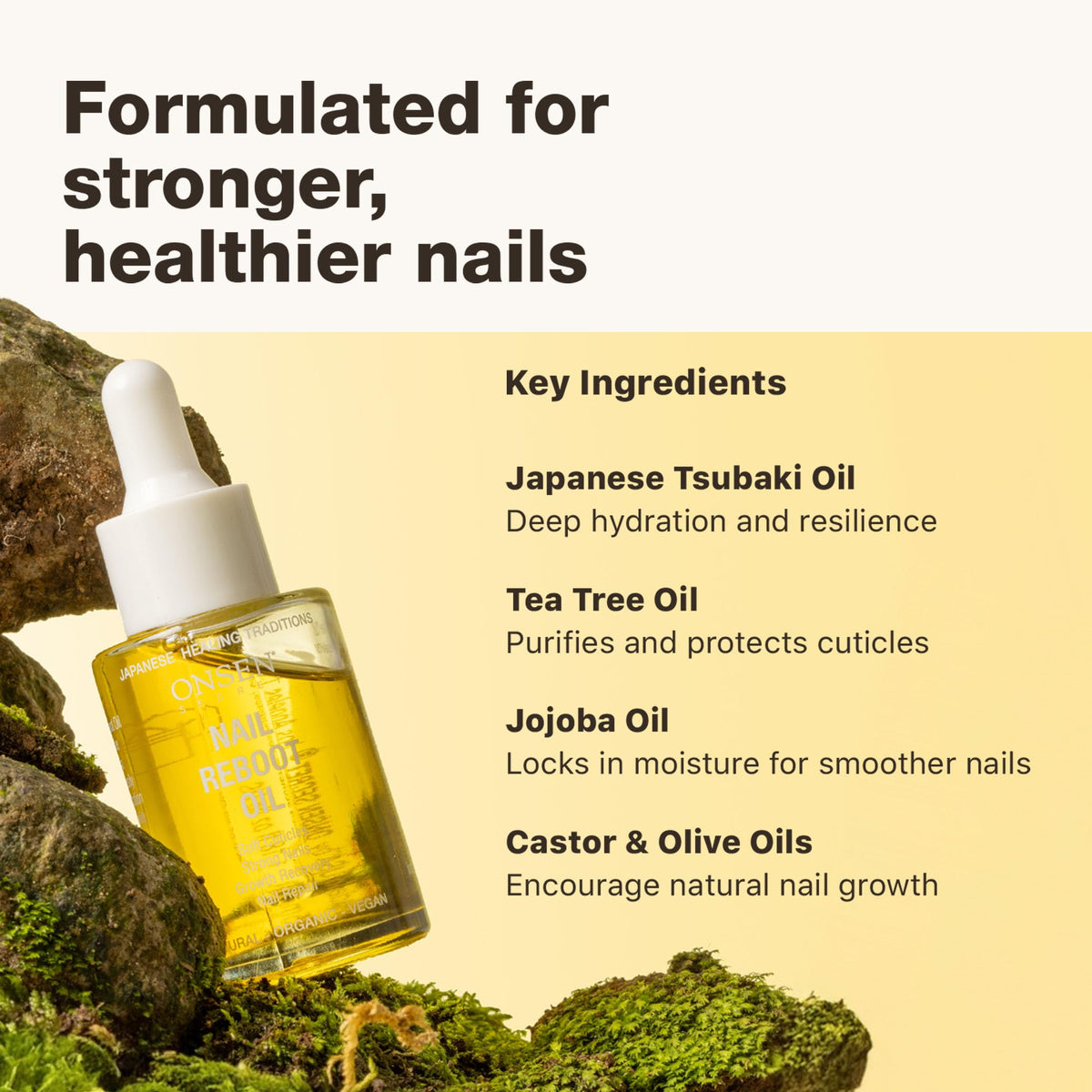 Onsen Secret ingredients display with tsubaki tea tree jojoba highlighting natural nourishment