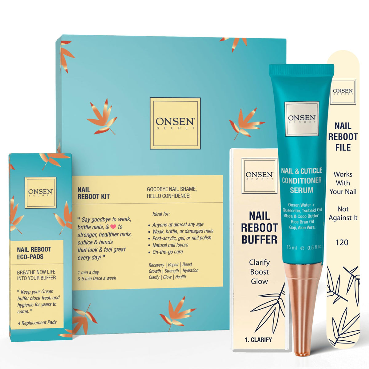 Onsen Secret kit front packaging showing complete manicure set benefit