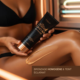 Onyx in tanning room lifestyle shot conveying fast, dark tan results