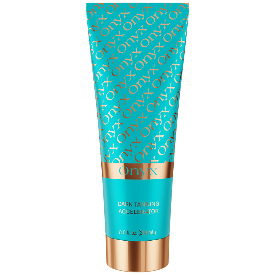 Onyx front bottle view showing label and sleek packaging, promotes confident tanning