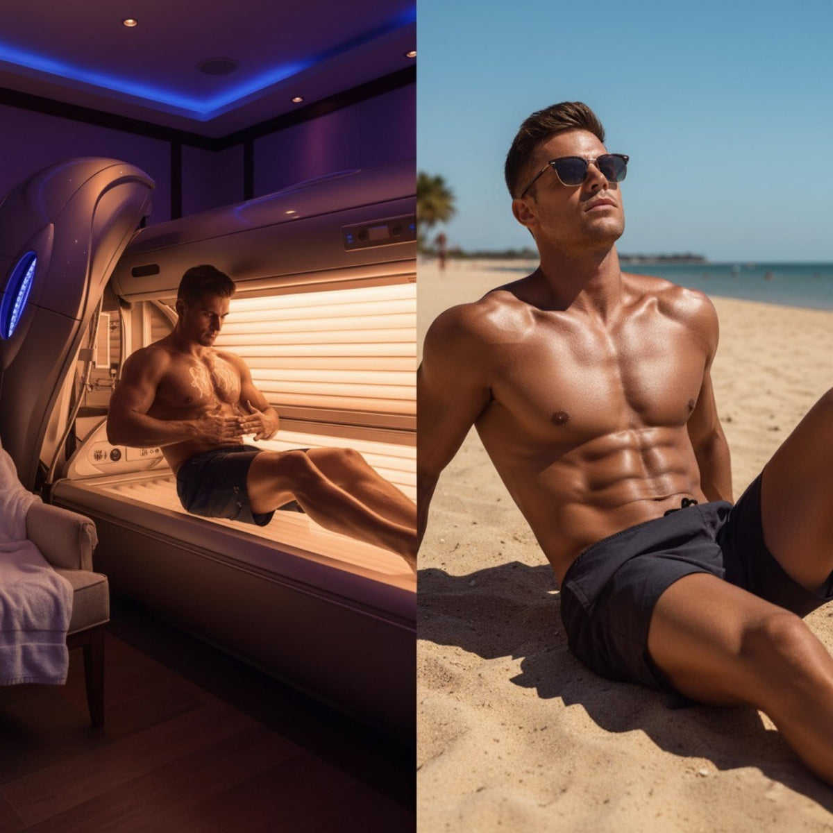 Lifestyle beach scene with Onyx bottle showing outdoor tanning and sun-ready skin