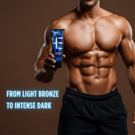 Before and after tan comparison with Onyx showing darker, more defined musculature