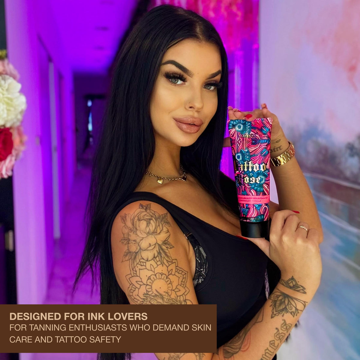 Onyx close-up label highlighting ingredients and tattoo protection benefit