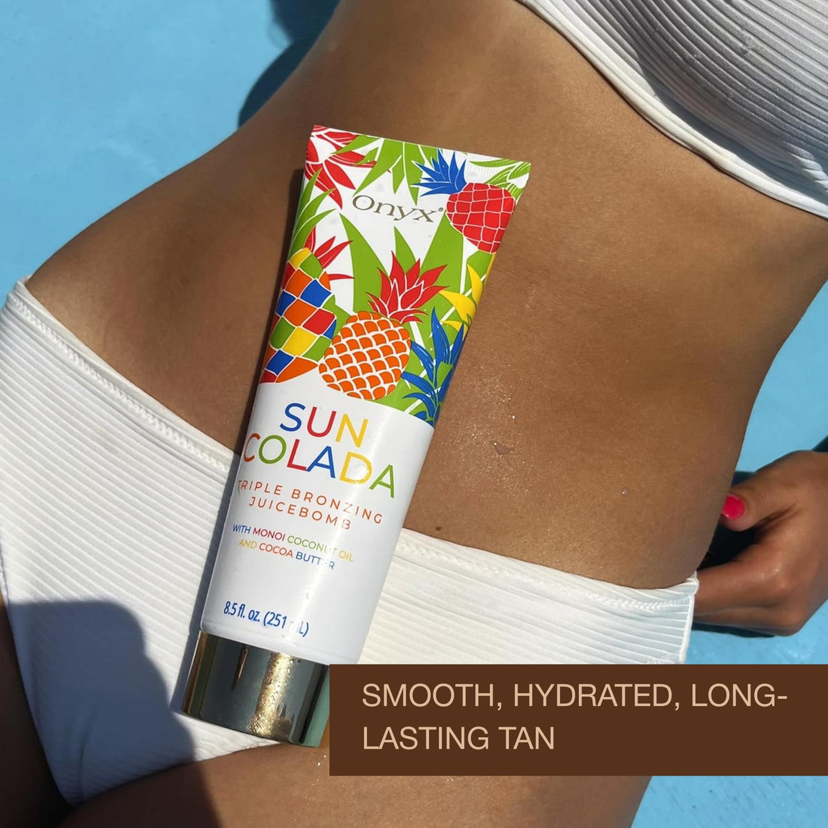 Onyx lifestyle scene at poolside showing bronzed results and confidence benefit
