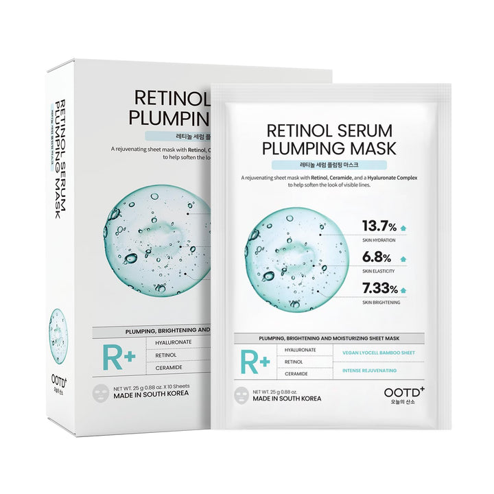 #OOTD front packaging showing 10-count retinol sheet mask, clear benefits for wrinkle-smoothing