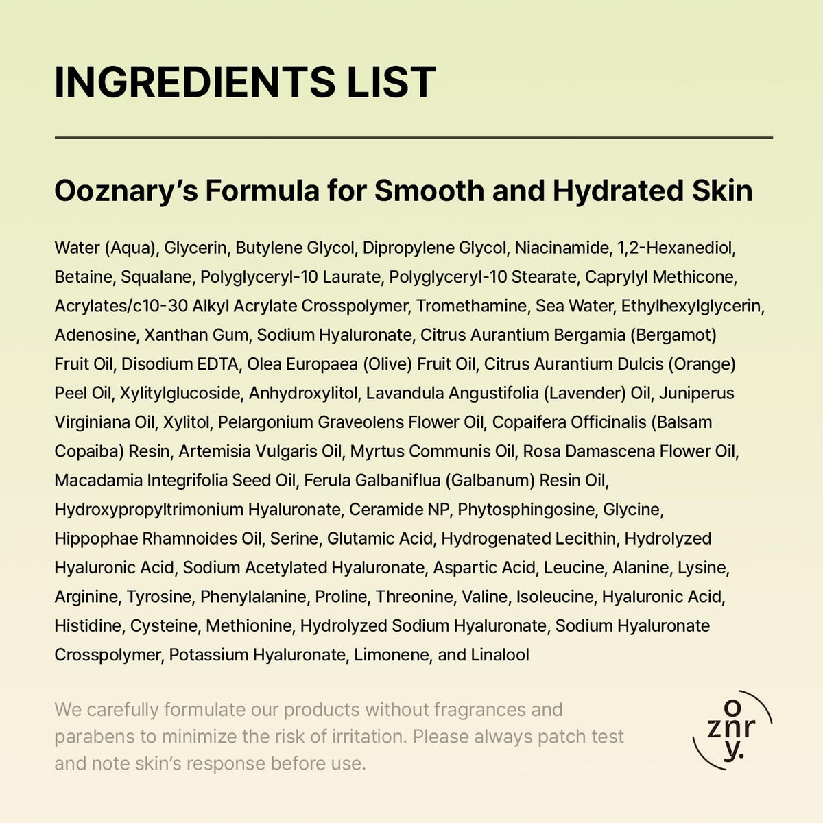 OOZNARY serum spread on hand showing fast absorption and non-greasy finish