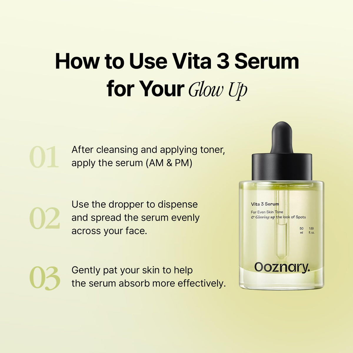 OOZNARY ingredients flatlay with centella and glutathione showing soothing benefit